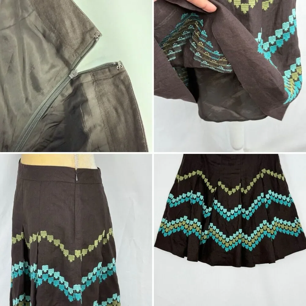 Ann Taylor LOFT Women Brown Linen Pleat Skirt Embroidered Pattern Size 2P Linen